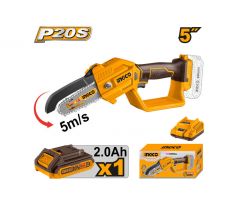 INGCO Akumulátorová mini reťazová píla 127 mm 20 V (1 x 2,0 Ah batéria + nabíjačka)