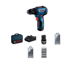 BOSCH Akumulátorový vŕtací skrutkovač GSR 12V-30 v taške + sada príslušenstva (2 x 2,0 Ah + rýchlonabíjačka)